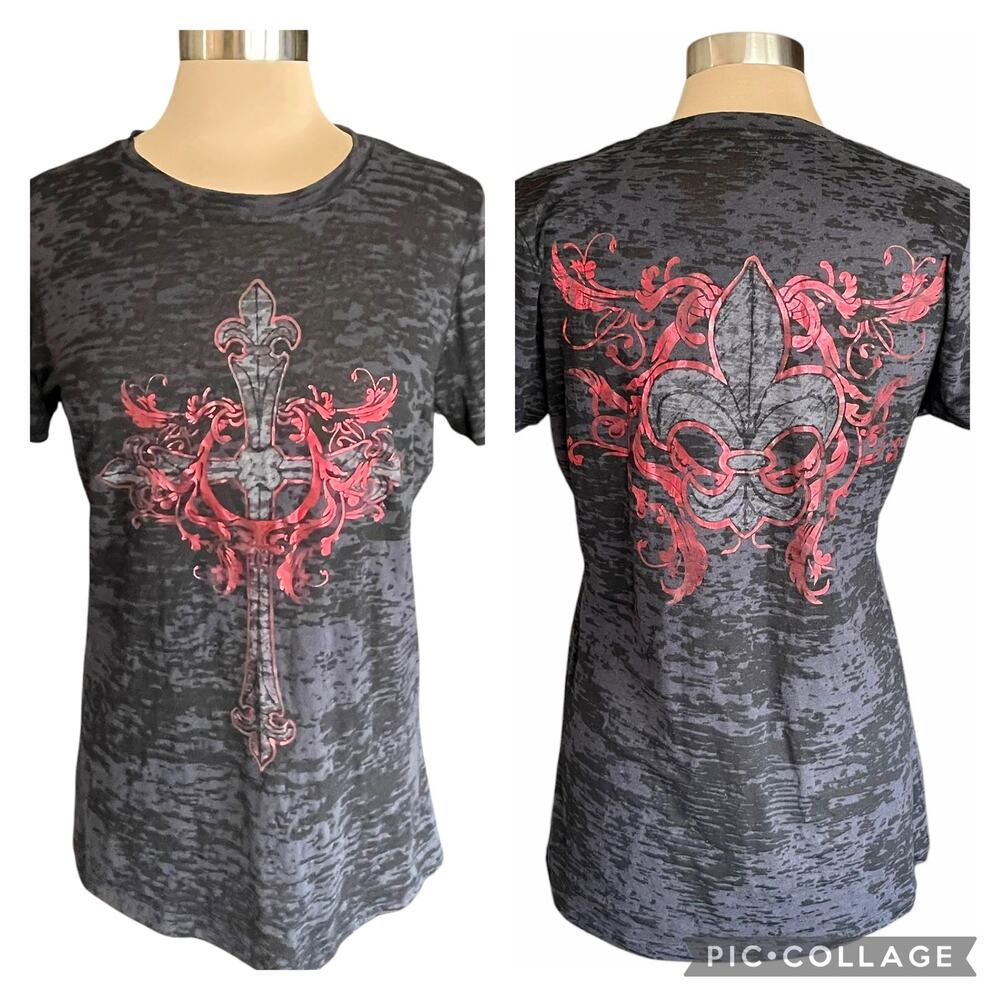 Rustic Rebellion Y2K Black Burnout Tee‎ Foil Graphics Cross  Fleur-De-Lis Sz XL